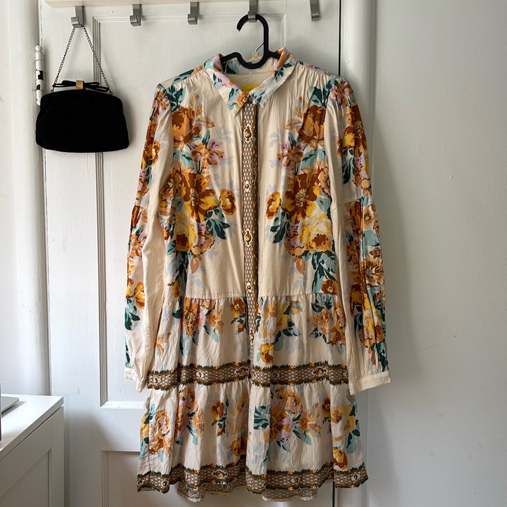 Floral Tiered Long-Sleeve Women's Dress in Cream and Mustard